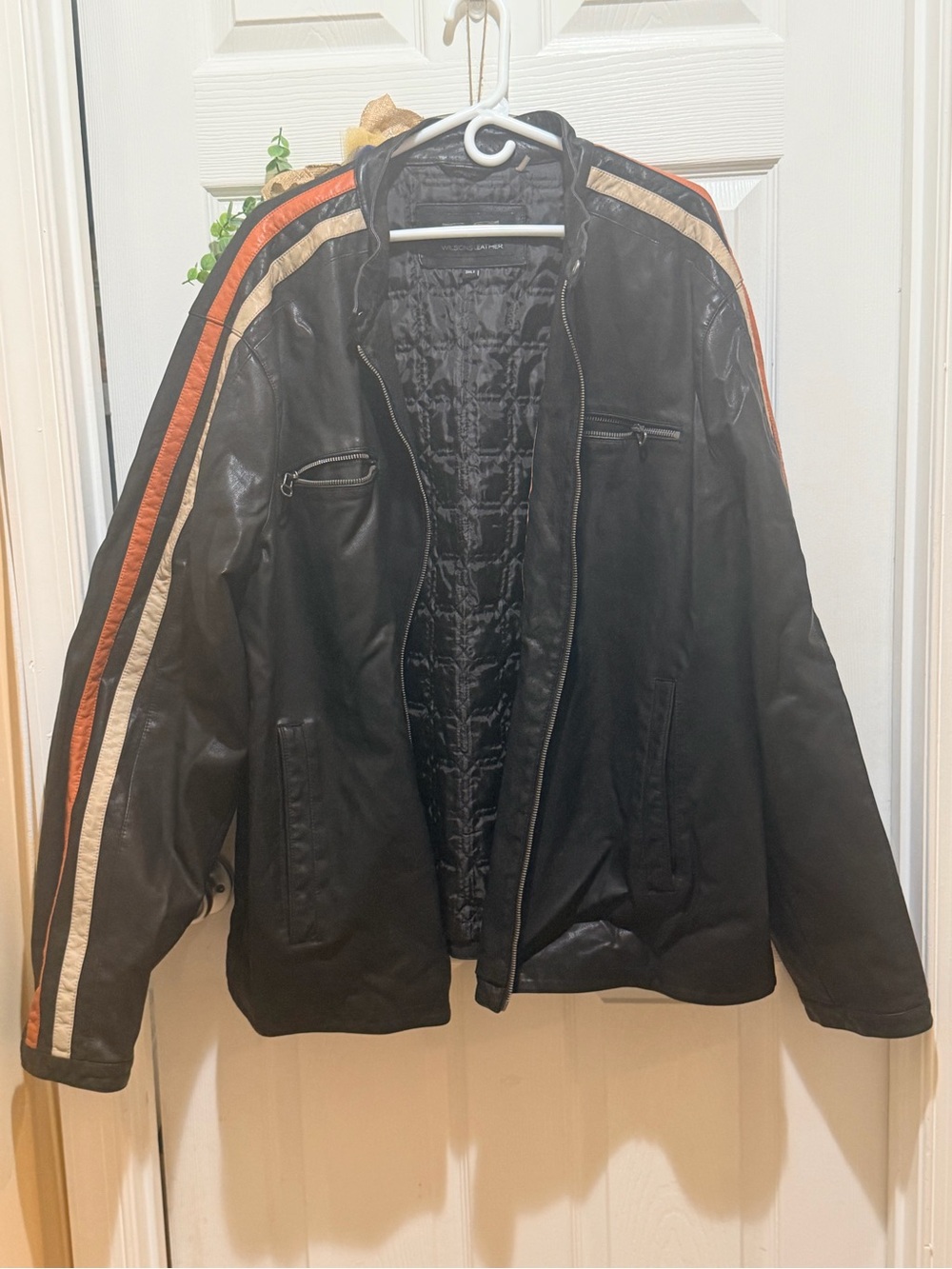 Wilsons Leather Black Bomber Jacket with Orange and Cream Stripes